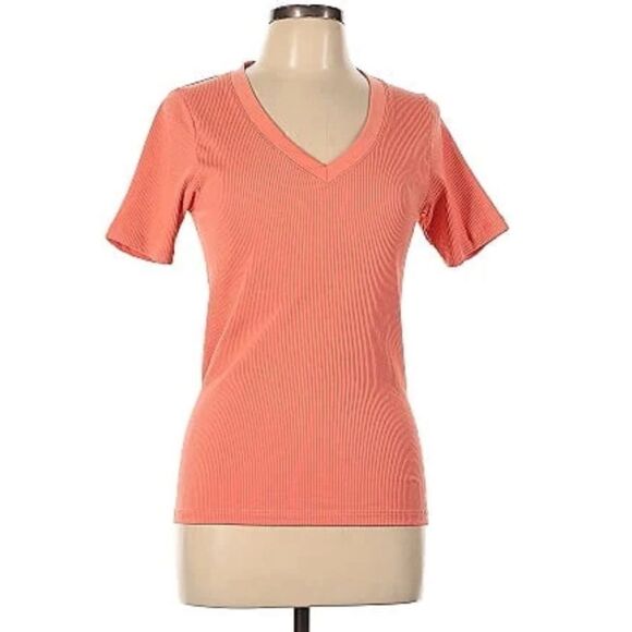 Athleta Renew V Neck Tee Top Size S 
Ribbed Island Coral Stretch 657707 - Picture 2 of 5